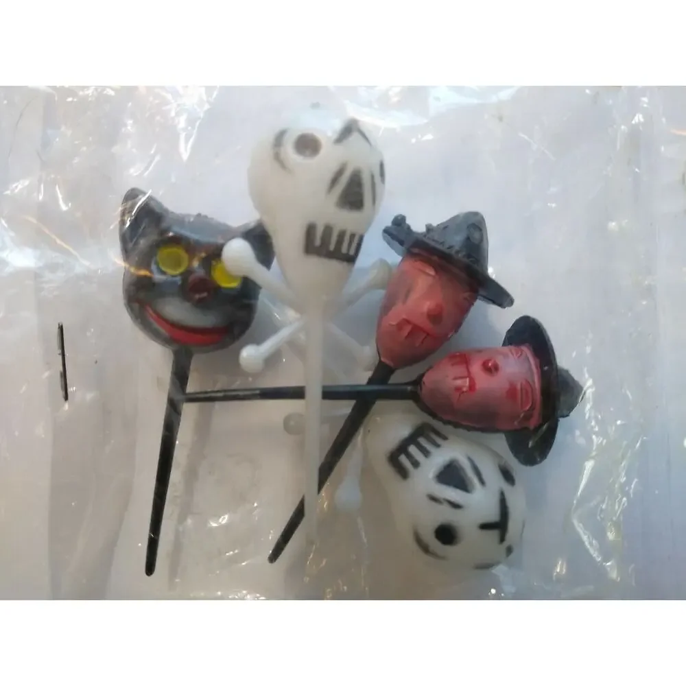 Vintage Halloween Plastic Cake Toppers Lot Of 5 Skulls Witches Black Cat NOS